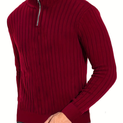 Men'S Casual Polyester Sweater, Solid Color, High Neck Quarter Zip, Long-Sleeved Pullover, Regular Fit, 100% Polyester Knit Fabric, 230g/m² - Fall/Winter Essential