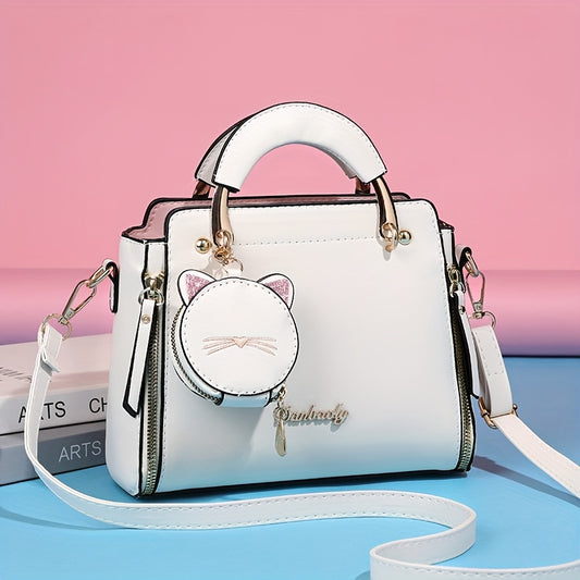 Women'S Fashion 2023 Embroidered Cat Design Messenger Bag, Removable Strap, Zipper Closure, Polyester Lined, Casual Shoulder Handbag with Edge Paint Detail