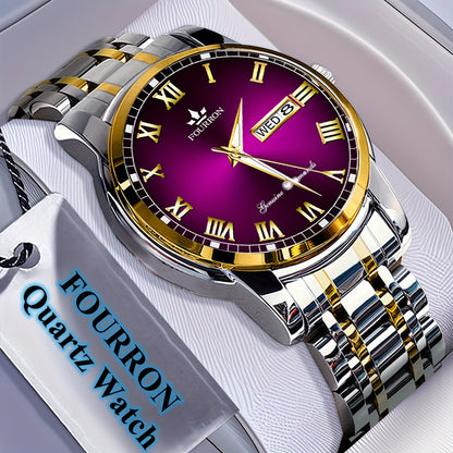 FOURRON Men'S Quartz Watch - Stainless Steel Band, Roman Numerals, Luminous, Waterproof, Ideal for Birthday & Holiday Gifts