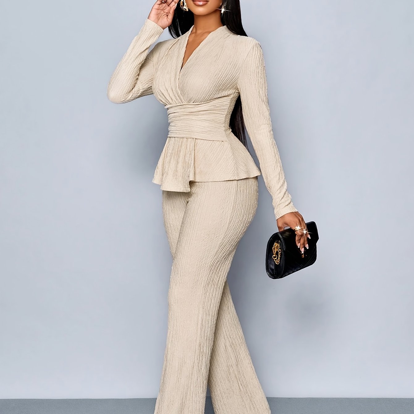 Women'S Elegant Beige Two-Piece Suit with V-Neck and Long Sleeves, Asymmetrical Hem, Wide Leg Pants, and Clutch - Perfect for Office or Casual Wear, Casual Attire|Elegant Two-Piece Set|Asymmetrical Hemline