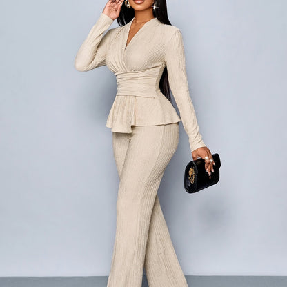 Women'S Elegant Beige Two-Piece Suit with V-Neck and Long Sleeves, Asymmetrical Hem, Wide Leg Pants, and Clutch - Perfect for Office or Casual Wear, Casual Attire|Elegant Two-Piece Set|Asymmetrical Hemline