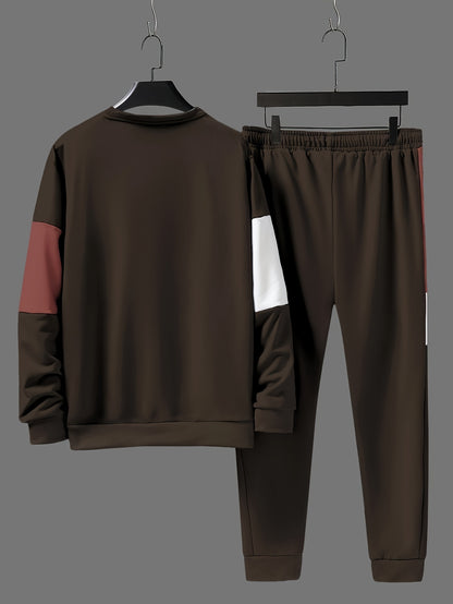 Men's Casual Crew Neck Sweatshirt & Joggers Set - Color Block, Polyester Blend, Machine Washable - Perfect for Spring/Fall, Leisure Style, Conventional Version, Spring/Autumn