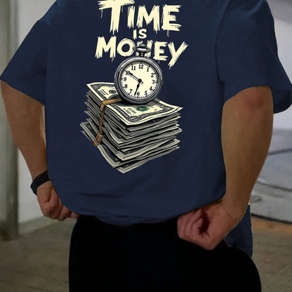 Men'S Casual Short Sleeve T-Shirt with "Time is Money" Clock & Stack of Cash Graphic - Lightweight Polyester, Loose Fit, Round Neck, Perfect for Spring & Summer Outdoor Wear, Relaxed Fit Shirt | Bold Graphic Tee | Glossy Text