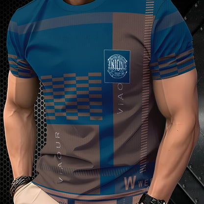 Men'S Navy & Brown Plaid Short Sleeve T-Shirt - "Union" Logo, Casual Crew Neck, All-Season Comfort, Regular Fit, Casual Attire | Plaid Pattern Top | Glossy Finish, PLUS SIZE