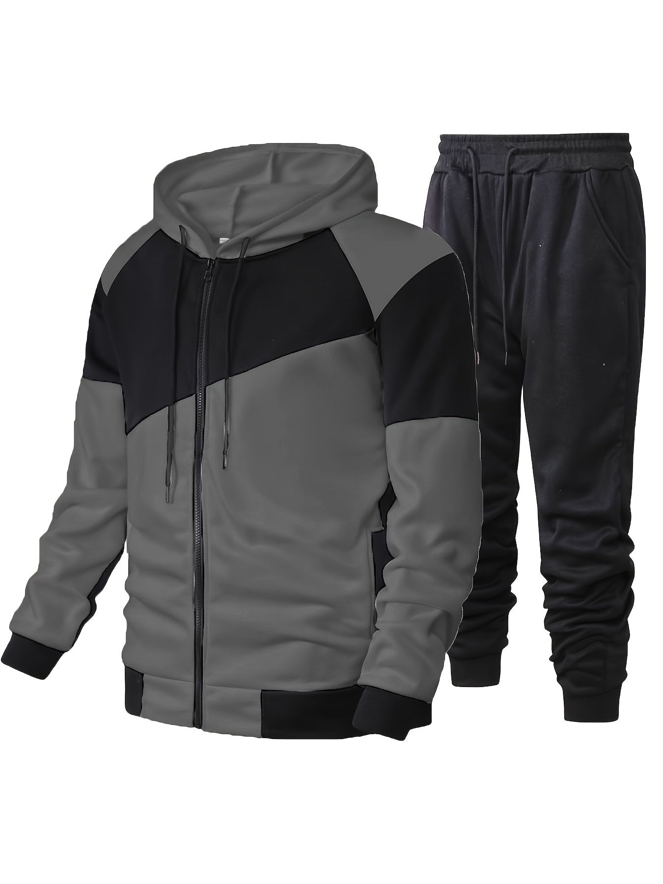 Elson OBM Men's Autumn and Winter Sportswear Set, Men's Color Block Long Sleeve Hooded Zip-Up Jacket with Solid Drawstring Joggers Outdoor and Sports Outfit... Top Bottoms Set