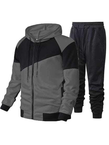 Elson OBM Men's Autumn and Winter Sportswear Set, Men's Color Block Long Sleeve Hooded Zip-Up Jacket with Solid Drawstring Joggers Outdoor and Sports Outfit... Top Bottoms Set
