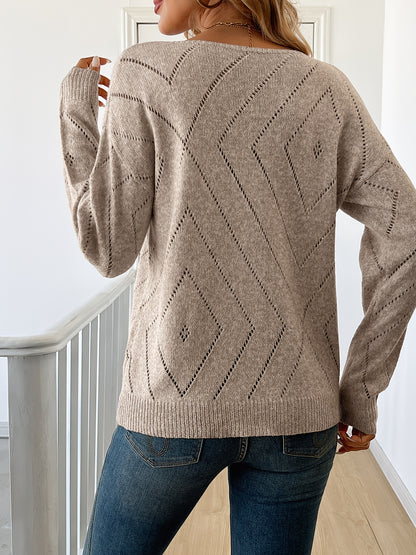 Women'S Acrylic Knit Pullover Sweater, Drop Shoulder Long Sleeve, Solid Color, Medium Stretch, Regular Fit, with Boat Neck Collar for Spring/Fall