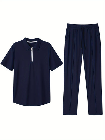 Men's Slim-Fit Casual & Joggers Set - Breathable Polyester, Short Sleeve, Summer Outdoor Wear