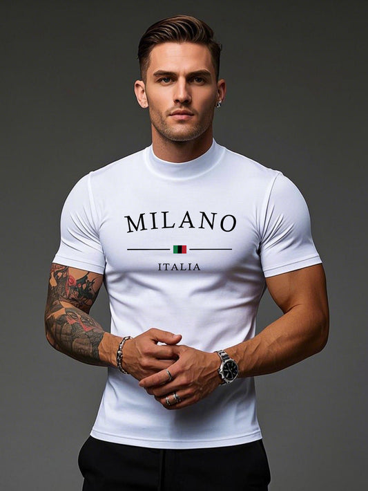 Men'S Milano Italia Print Casual T-Shirt - Half Neck, Short Sleeve, Lightweight Fabric, Spring/Summer Collection, Black with White Logo, Soft & Comfortable Fit for Casual Attir