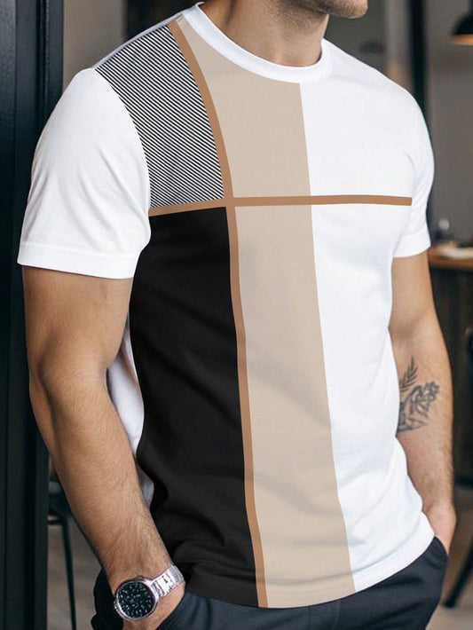 Men'S Casual Geometric-Print T-Shirt - Short Sleeve, Round Neck, Breathable Summer Tee with Color Block Design, White & Brown, Perfect for Casual Attire, Breathable Clothing | Color Block Design | Comfortable Fit, T Shirt
