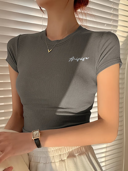 Women's Summer Slim Fit Short Sleeve T-Shirt - High Elasticity Breathable Fabric with Black Letter Embroidery, Versatile Casual & Office Wear, Elegant Collection, Cute Short Sleeve Tops, Everyday Comfort Tee, Slim Fit Tee, Sm