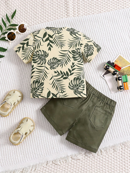 Boys' Tropical Leaf Print Cotton Blend Casual Outfit - Short Sleeve Tee & Drawstring Shorts Set, Machine Washable for Spring/Summer, Perfect for Outdoor