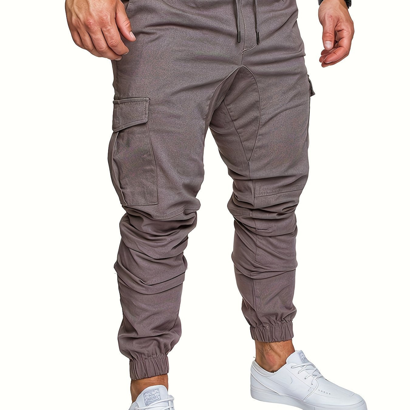 Men'S Casual Cargo Pants, 95% Cotton 5% Spandex, Skinny Fit, Solid Color, Long Length, Woven Fabric, Non-Stretch, with Pockets, 215g/m² Weight