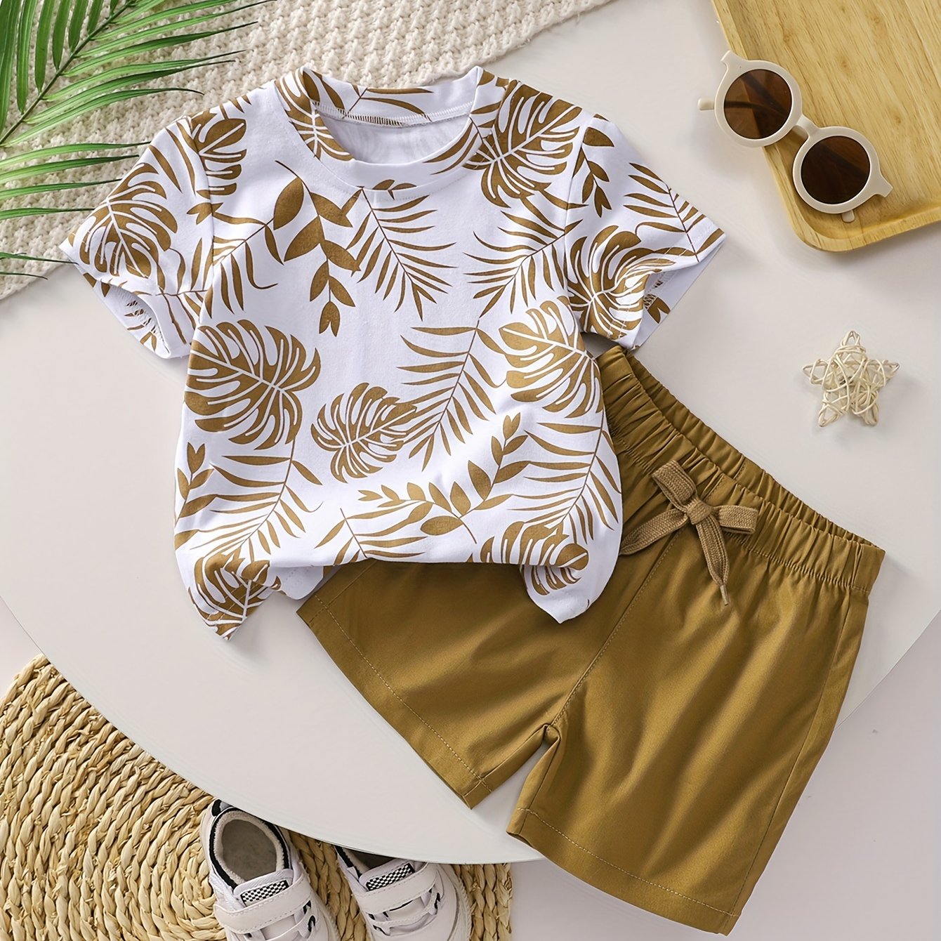 Boys' Tropical Leaf Print Cotton Blend Casual Outfit - Short Sleeve Tee & Drawstring Shorts Set, Machine Washable for Spring/Summer, Perfect for Outdoor