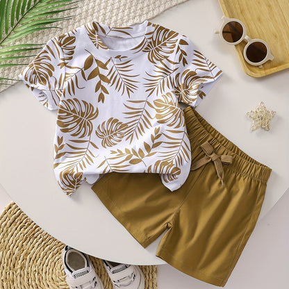 Boys' Tropical Leaf Print Cotton Blend Casual Outfit - Short Sleeve Tee & Drawstring Shorts Set, Machine Washable for Spring/Summer, Perfect for Outdoor