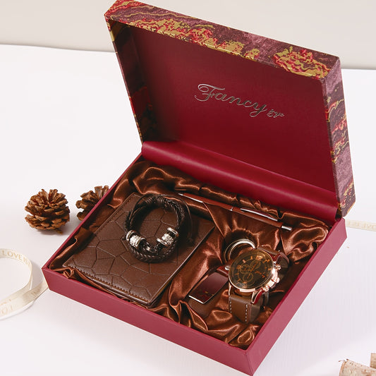 Christmas Gift Box Set of Six, Wallet + Watch + Bracelet + Keychain + Pen + Wooden Gift Box