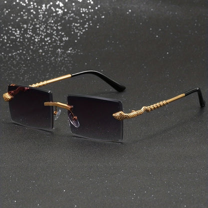 Vintage Style Square Rimless Glasses with Snake Design, Zinc Alloy Frame, Black Lenses, ENSARJOE