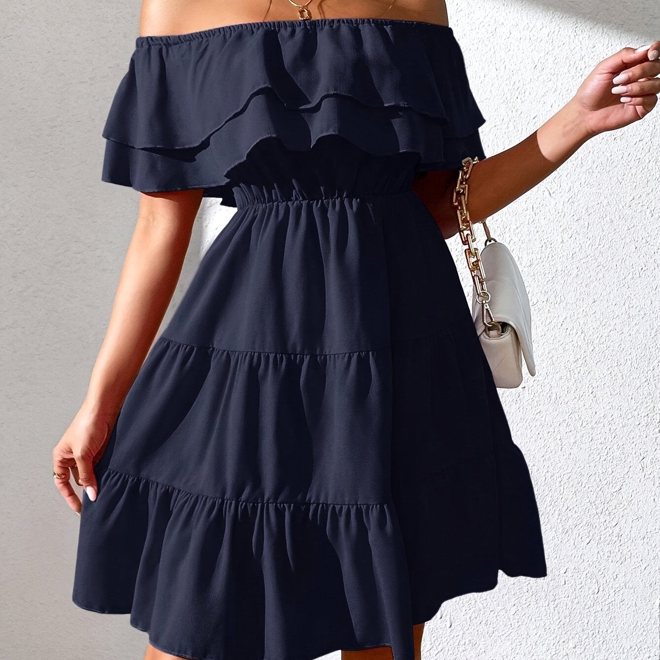 Կանացի «Off the Shoulder Ruffle» Casual զգեստ, պոլիեսթեր 100%, միաձույլ, կահավորված, հյուսված, բոլոր սեզոնների համար