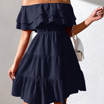 Կանացի «Off the Shoulder Ruffle» Casual զգեստ, պոլիեսթեր 100%, միաձույլ, կահավորված, հյուսված, բոլոր սեզոնների համար