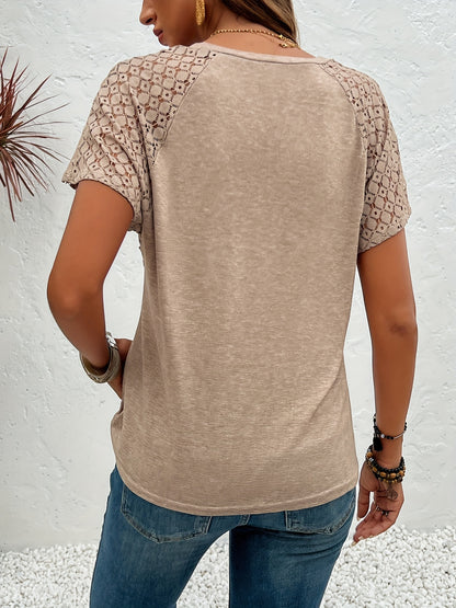 Contrast Lace Crew Neck T-shirt, Casual Short Sleeve T-Shirt For Spring & Summer, Women's Clothing