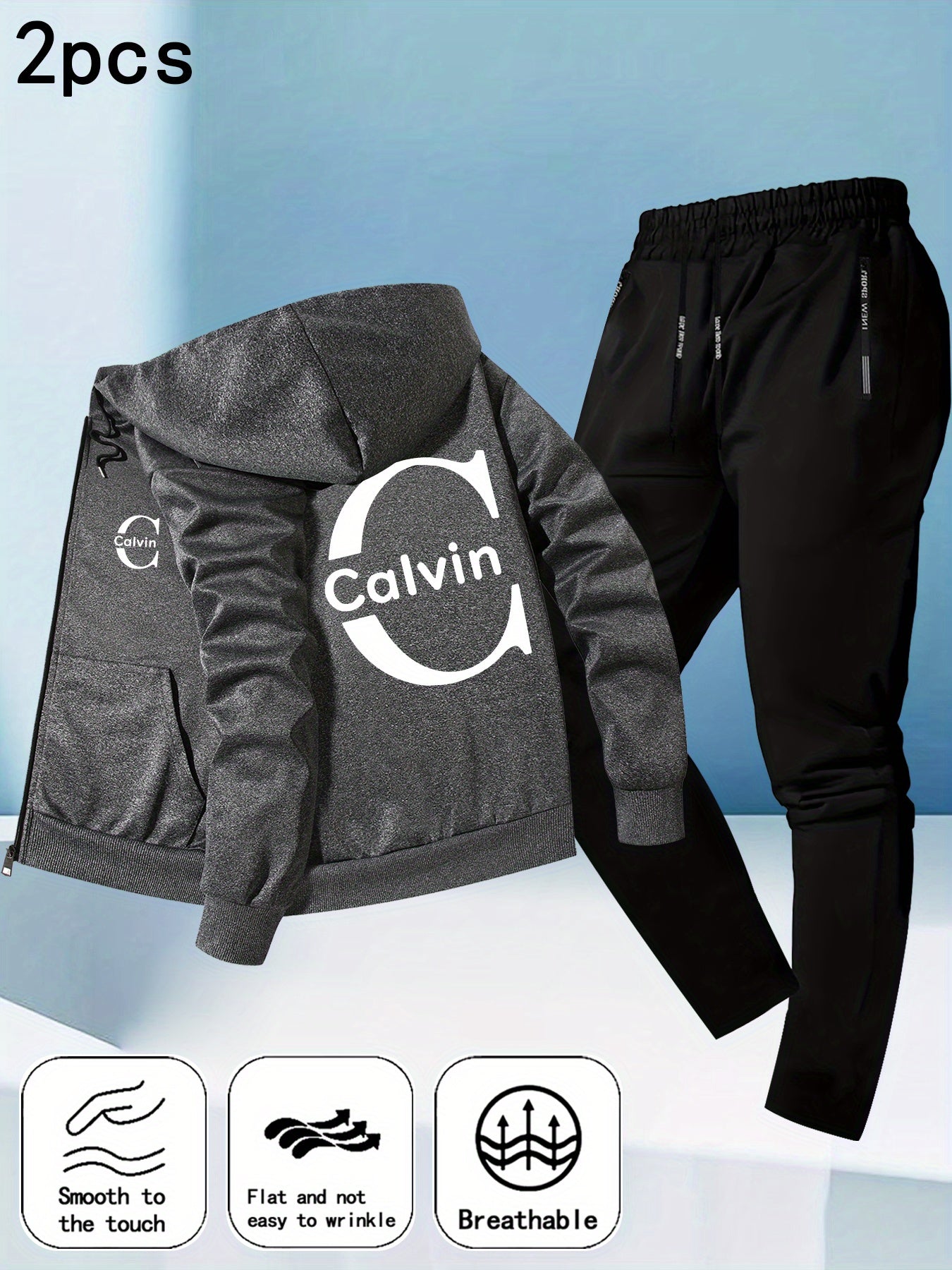 Men's Trendy Autumn-Winter Hooded Jacket Set with Calvin Print, Casual Youth Sportswear Outfit