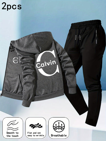 Men's Trendy Autumn-Winter Hooded Jacket Set with Calvin Print, Casual Youth Sportswear Outfit