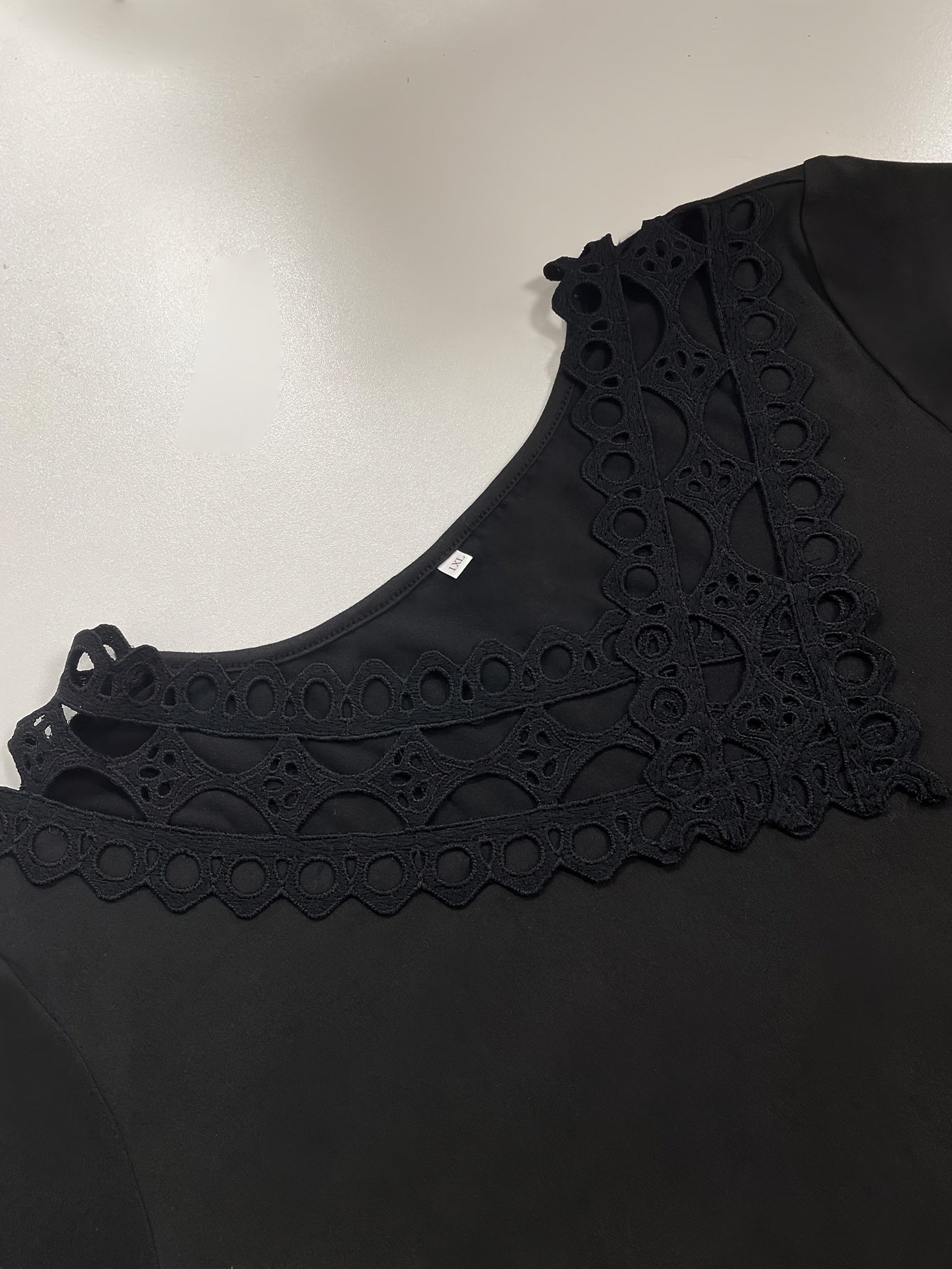 Women's Plus Size Elegant Short Sleeve Top with Asymmetrical Neckline and Lace Cut-Out Detail - Stretchy Polyester Blend, Machine Washable, Black, Perfect for Spring/Summer Casual Outfits, Spring Fashion Wear | Asymmetrical N
