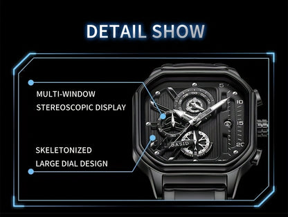 BASID Men's Elegant Square Analog Quartz Watch with Date Display & Stopwatch - Stainless Steel Strap, Black Dial - Casual & Dress Watch for Men, Unique Gift Idea, Versatile Wristwatch, Sleek Watch Design, Polished Finish