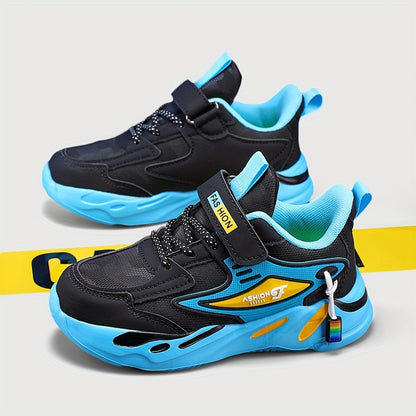 Boys' Sports Casual Running Shoes, Microfiber Synthetic Leather Hook and Loop Fastener, Round Toe Lightweight Cross-Trainer, Fabric Insole, EVA Sole, Striped Fashion Sneakers for All-Season Activities