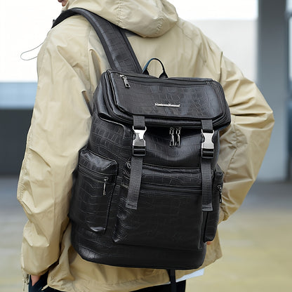 Unisex Backpack with Crocodile Texture, Large Capacity, Anti-Theft, Multi-Compartment, Fits 14-inch Laptop, Casual Travel & Business Commute, Minimalist Style, No Battery - Black