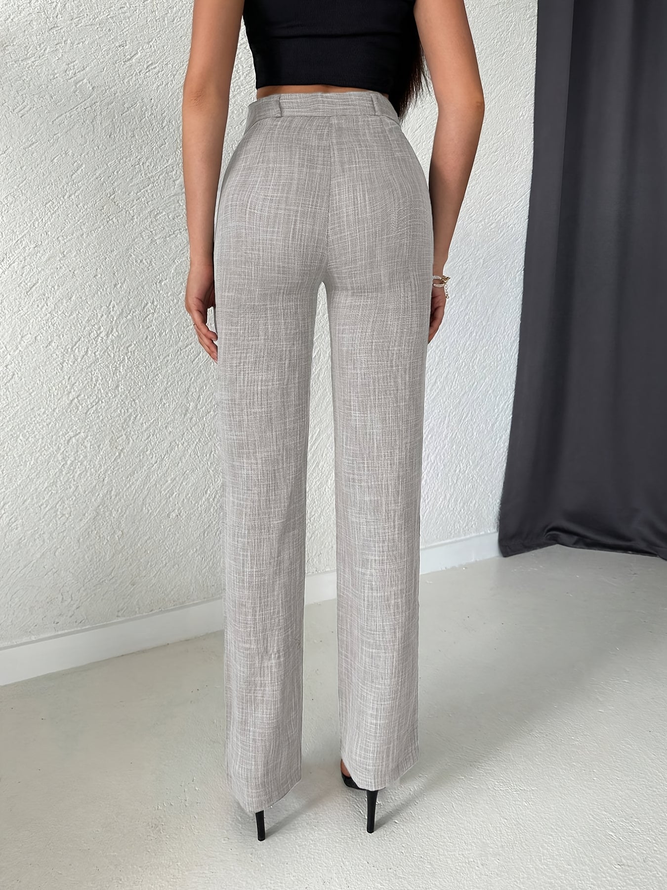 Women's Elegant High-Waist Straight Leg Pants - Solid Color, Ribbed Texture, Slant Pockets, Comfortable Commuter Wear, Machine Washable