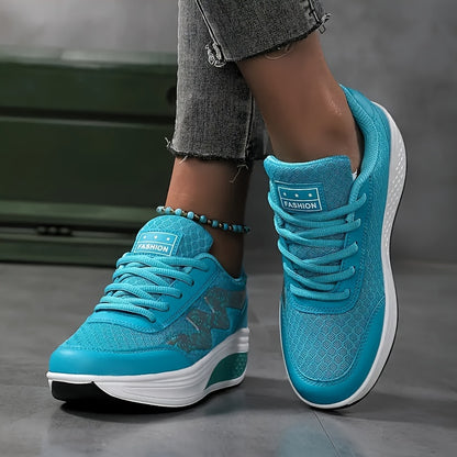 Women's Light Blue Breathable Mesh Sneakers - Air-Cushioned, Thick-Soled Sneakers with Sport Control & Lace-Up Design for All Seasons