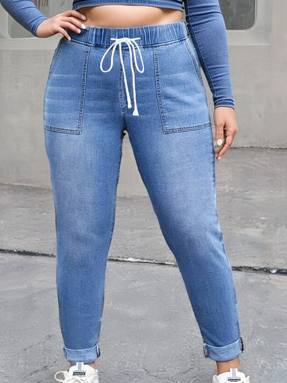 Plus Size Casual Jeans, Women's Plus Washed Elastic Drawstring High Rise High Stretch Jeans