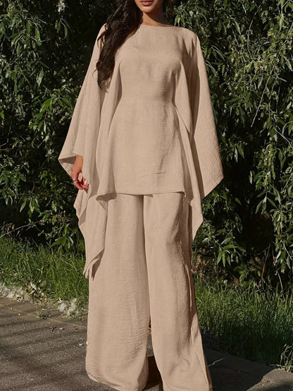 Women'S Holiday Casual Elegant Waist-Cinched Batwing Sleeve Loose Set - Solid Color, All-Season, Allseason Attire|Casual Elegance|Waist Cinching