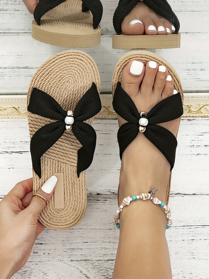Women'S Beige Jewel Embroidery Flat Sandals - Lightweight, Comfortable Slip-On Beach Shoes with EVA Sole and Fabric Upper, Open Toe Design, Perfect for Summer, Beach Footwear|Decorative Sandals|Eva Sole Sandals