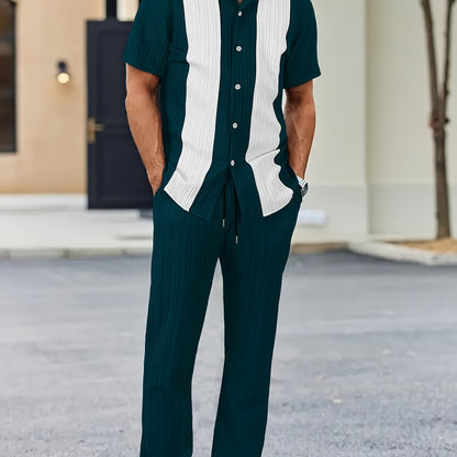 Men'S Color Block French Stripe Short Sleeve Shirt and Pants Set - Casual Button-Up Blazer with White Stripes, Dark Green Pants, Regular Fit for Casual Attire, Versatile Menswear | French Stripe Design | Nonstretch Fabric
