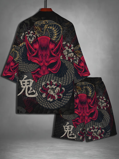 Men'S Casual Short Sleeve Open Front Beachwear Set - Black and Red Floral Print, Loose Fit, Non-Stretch Polyester, Perfect for Summer, Beach Attire|Floral Print Shorts|Polyester Fabric
