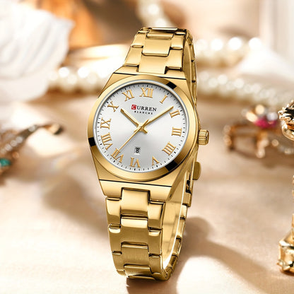Fashionable Brand Of CURREN Ladies' Watches With A Casual And Simple Stainless Steel Strap, Featuring A Calendar And Quartz Movement.