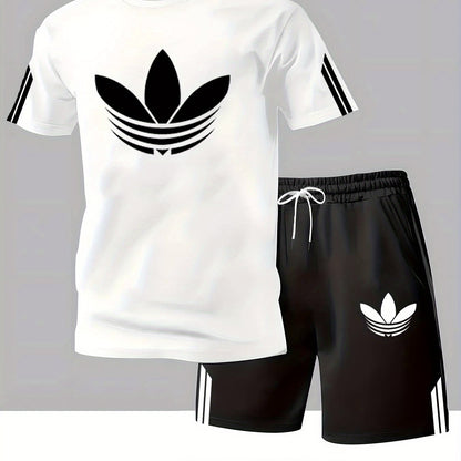 ADIDA Letter Set Short Sleeve + Shorts Two-Piece Men's Fashion Casual Round Neck T-Shirt Outfit, European Style Trendy Short Sleeve Set
