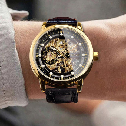 Men'S Luxury Mechanical Skeleton Watch with Golden-Tone Alloy Case & Faux Leather Strap - Mechanical Hand-Wind, World Time, Date Display, Elegant Fashion Accessory for Casual Attire, Mechanical Watch, Sophisticated Design, In
