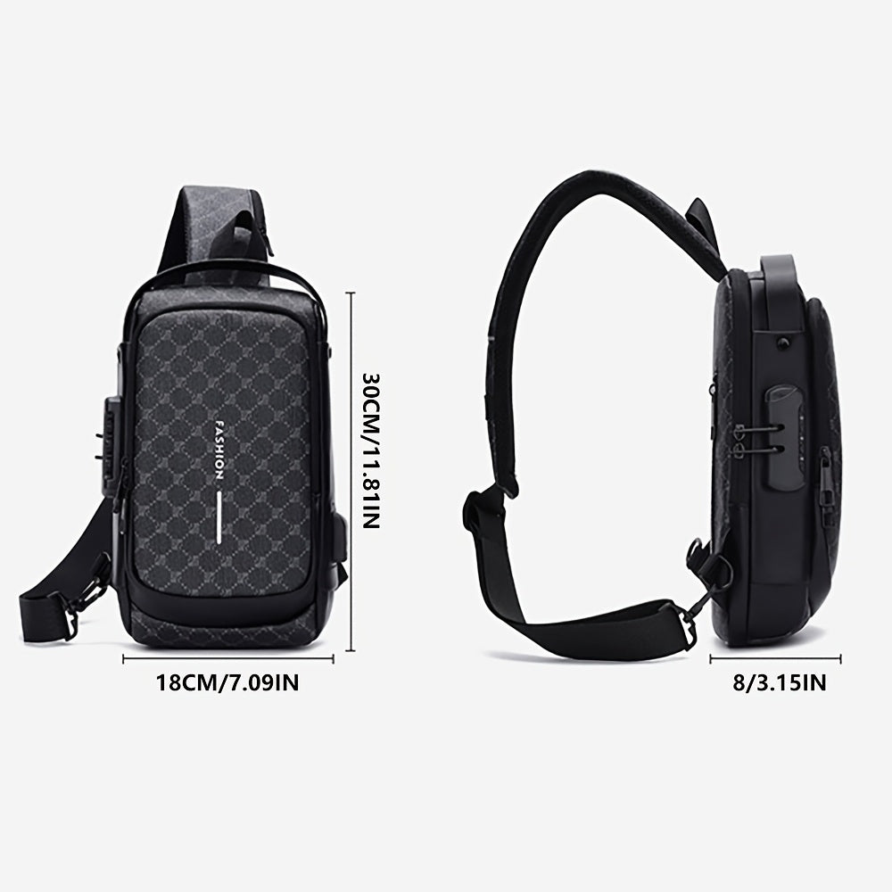 Elegant Black Crossbody Bag with Adjustable Strap, Anti-Theft Zipper Closure, and Polyester Lining - Stylish Chest Bag for Men and Women, Secure Travel Bag|Patterned Chest Bag|Durable Zipper Closure