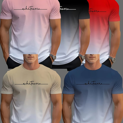 Men'S Fashion Novelty T-Shirt Set of 5pcs: Black, White, Red, Pink, Beige, Casual Crew Neck, Regular Fit, Slight Stretch Fabric, Printed Pattern, Casual Wear, Novelty Design, Comfortable Fit