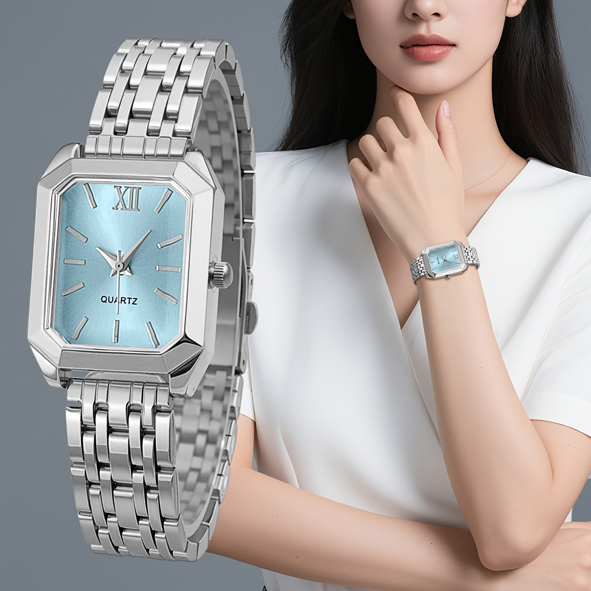 Women's Glamorous Elegant Quartz Watch - Light Blue Dial, Roman Numeral XII, Alloy Metal Band, Rectangular Case, Non, Everyday Casual & Formal Wear, Middle East Collection Luxury Gift, Formal Timepiece | Sophisticated Style |