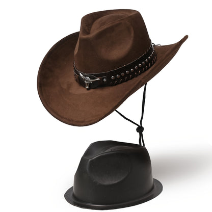 Western Cowboy Hats for Men And Women, Classic Faux Suede with Metal Studs And Bull Pattern, Lightweight Unisex Festival Occasion Hat, Woven Inelastic Polyester with Decorative Accessories, No Feather, Non-Washable