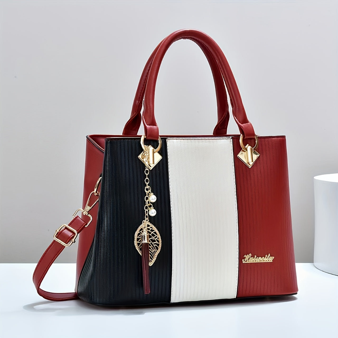 Elegant Red & Black Striped Handbag with Golden Accents - Adjustable Shoulder Strap, Zipper Closure, Polyester Lining, Stylish Mom & Everyday Bag, Everyday Handbag|Striped Pattern Tote|Durable Handle Tote