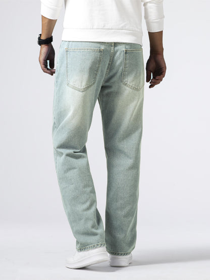 Men'S Loose Fit Straight Leg Jeans, Cotton 85% Polyester 15% Denim, Washed Solid Color Casual Style