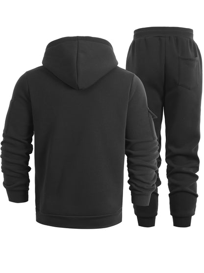 2pcs Men's Solid Color Hooded Long Sleeve Sweatshirt and Jogger Set, Suitable for Spring, Autumn, and Winter Sports Casual Outfit