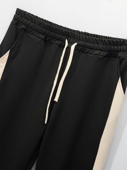 Men'S Casual Baseball Collar Jacket and Pants Set, Color Block Long Sleeve Sweatshirt and Sweatpants, Polyester Woven Suit with Button Detail, Spring/Fall Collection