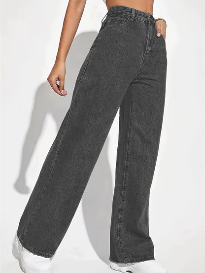 1pc Women'S High Stretch Cotton Wide Leg Jeans, Casual Washed Solid Color Denim, Woven Fabric, Versatile for Spring/Summer/Fall - DXK1005BF861K