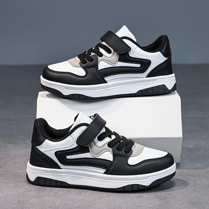 Boys' Stylish Low-Top Sneakers - Lightweight, Breathable Faux Cover with Striped Design, Hook-and-loop Fastener Strap, Perfect for Casual Running & Sports - Brown & White, Running Shoes